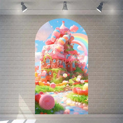 Aperturee - Aperturee Candyland House Arch Backdrop for Birthday Party Whimsical Sweet Shoppe with Rainbow Candy Castle Photo Booth
