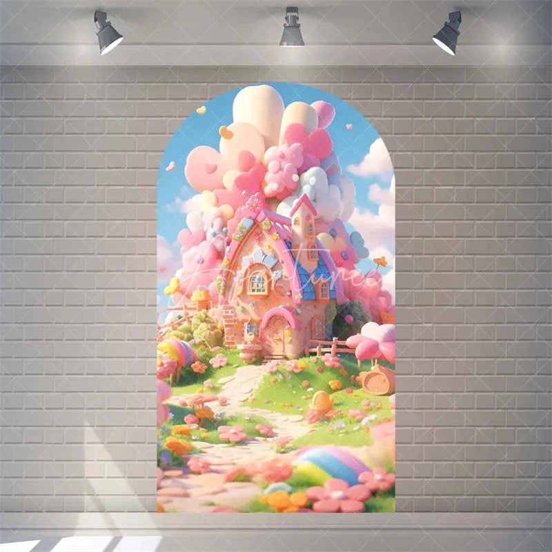 Aperturee - Aperturee Candyland House Arch Backdrop for Birthday Party Whimsical Sweet Shoppe with Rainbow Candy Castle Photo Booth
