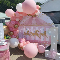 Aperturee - Aperturee Carousel First Birthday Round Backdrop Pink and Gold Glitter Horse Banner Merry Go Round Carnival Party Photo Prop