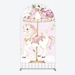 Aperturee - Aperturee Carousel Horse Arch Backdrop for Kid Baby Shower Merry Go Round Birthday Pink Gingham Party Decor
