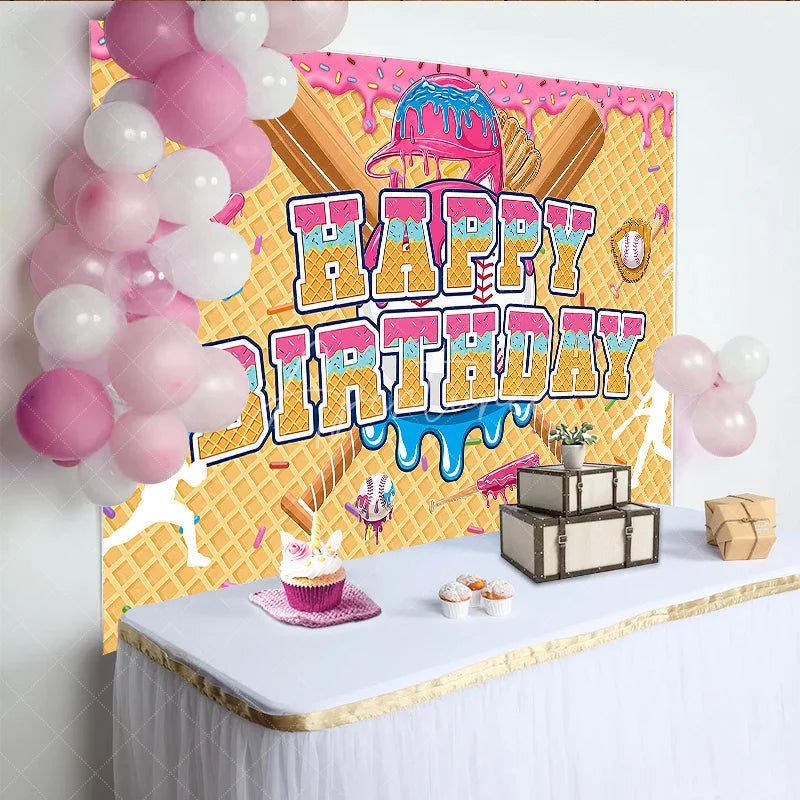 Aperturee - Aperturee Cartoon Baseball Theme Happy Birthday Backdrop with Pink and Blue Dessert Sprinkles Waffle Cone Party Decor