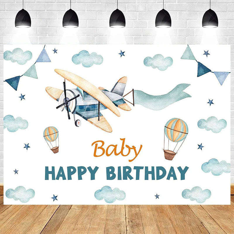 Aperturee - Aperturee Cartoon Blue Sky Airplane Happy Birthday Backdrop White Clouds Party Decor Kids Photo Prop