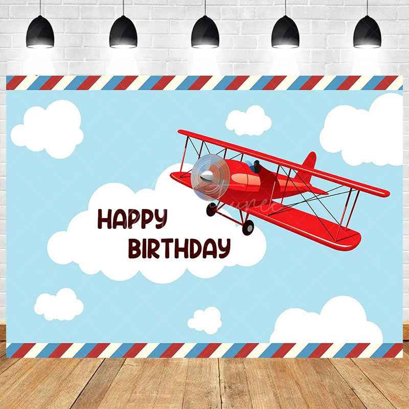 Aperturee - Aperturee Cartoon Blue Sky Airplane Happy Birthday Backdrop White Clouds Party Decor Kids Photo Prop