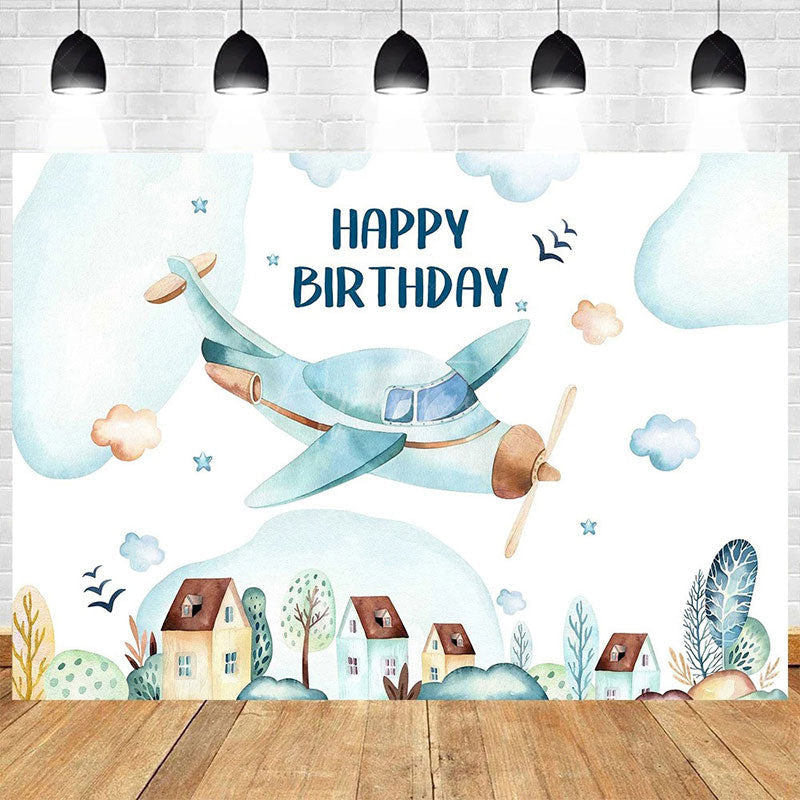 Aperturee - Aperturee Cartoon Blue Sky Airplane Happy Birthday Backdrop White Clouds Party Decor Kids Photo Prop