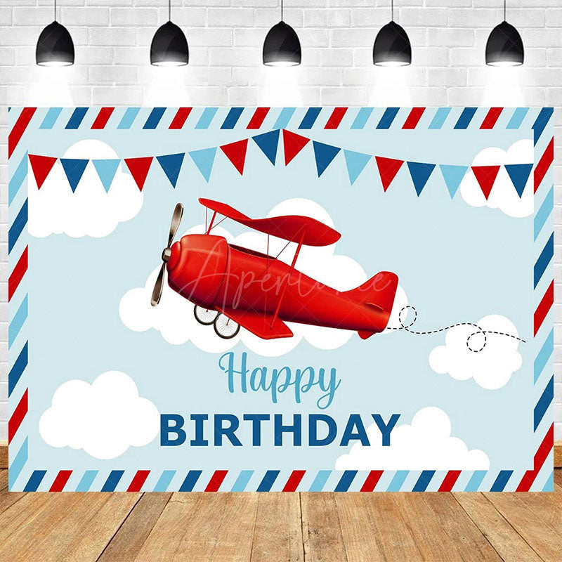 Aperturee - Aperturee Cartoon Blue Sky Airplane Happy Birthday Backdrop White Clouds Party Decor Kids Photo Prop