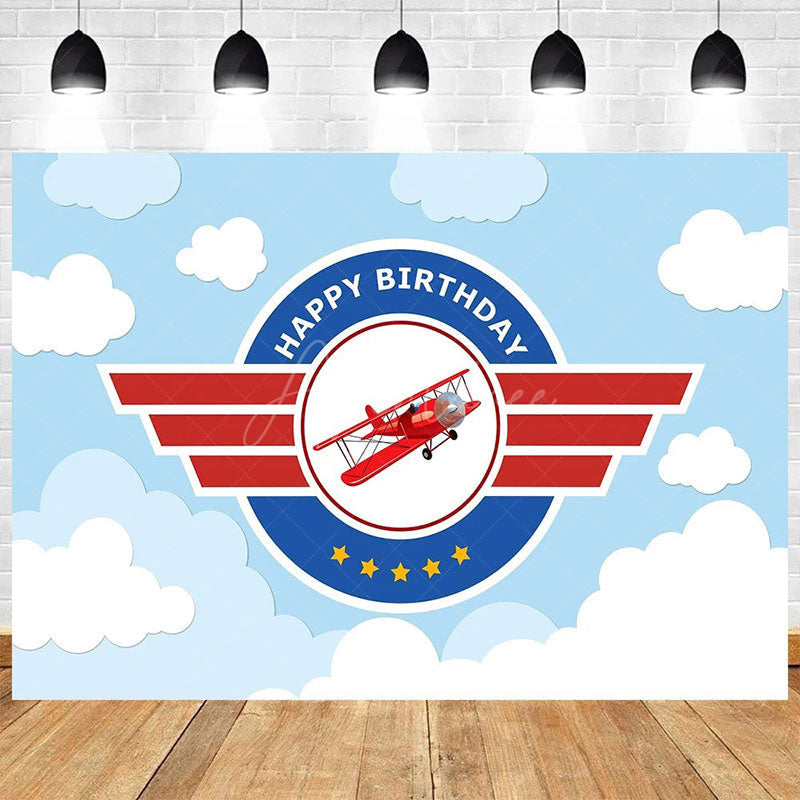 Aperturee - Aperturee Cartoon Blue Sky Airplane Happy Birthday Backdrop White Clouds Party Decor Kids Photo Prop