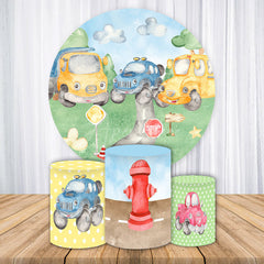 Aperturee - Aperturee Cartoon Car Path Round Happy Birthday Backdrop Kit