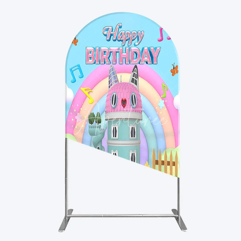 Aperturee - Aperturee Cartoon Cat Castle Arch Backdrop Rainbow Music Notes Birthday Party Decor Blue Sky Theme Background for Girls