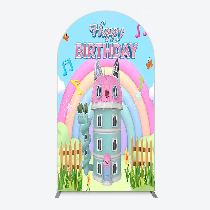 Aperturee - Aperturee Cartoon Cat Castle Arch Backdrop Rainbow Music Notes Birthday Party Decor Blue Sky Theme Background for Girls