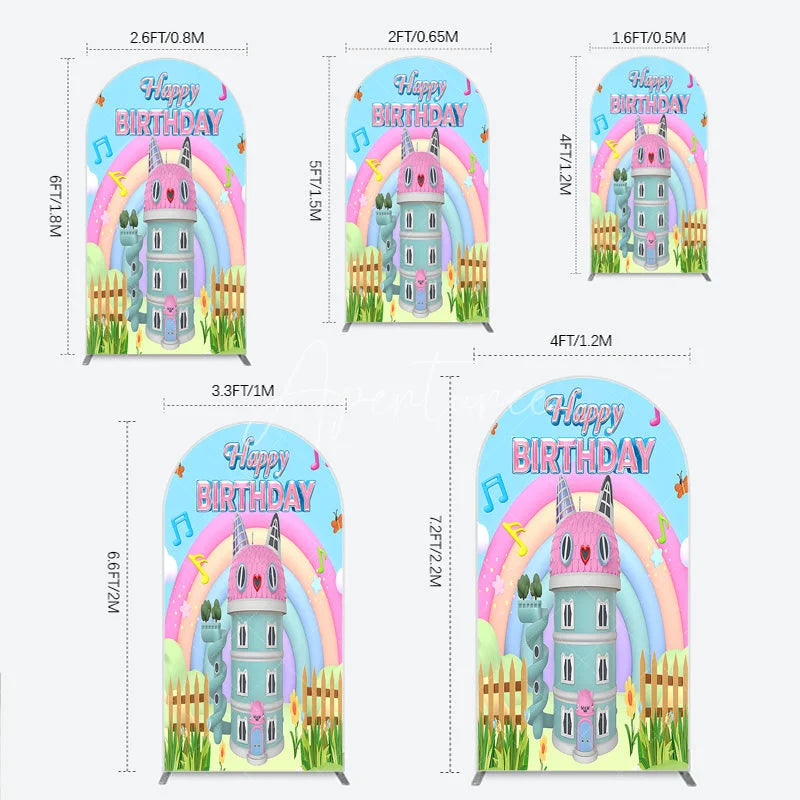 Aperturee - Aperturee Cartoon Cat Castle Arch Backdrop Rainbow Music Notes Birthday Party Decor Blue Sky Theme Background for Girls