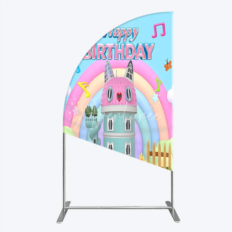 Aperturee - Aperturee Cartoon Cat Castle Half Moon Arch Backdrop Rainbow Music Notes Birthday Party Decor Blue Sky Theme Background