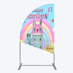 Aperturee - Aperturee Cartoon Cat Castle Half Moon Arch Backdrop Rainbow Music Notes Birthday Party Decor Blue Sky Theme Background