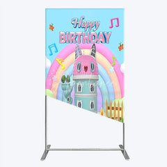 Aperturee - Aperturee Cartoon Cat Castle Rectangle Backdrop Rainbow Music Notes Birthday Party Decor Blue Sky Theme Background for Girls