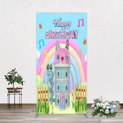 Aperturee - Aperturee Cartoon Cat Castle Rectangle Backdrop Rainbow Music Notes Birthday Party Decor Blue Sky Theme Background for Girls