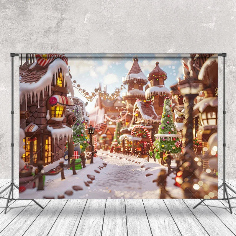 Aperturee - Aperturee Cartoon Festive Snowy Town Merry Christmas Backdrop
