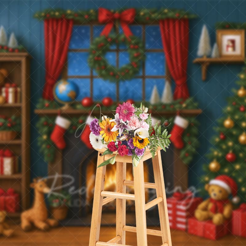 Aperturee - Aperturee Cartoon Holiday Cozy Christmas Room Photo Backdrop