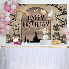 Aperturee - Aperturee Cartoon Magic Academy Castle Happy Birthday Backdrop