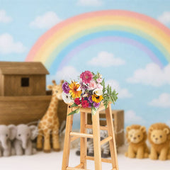 Aperturee - Aperturee Cartoon Noahs Ark Rainbow Sky Cake Smash Backdrop