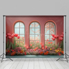 Aperturee - Aperturee Cartoon Oil Painting Tulip Pink Room Window Backdrop