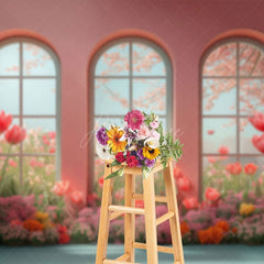 Aperturee - Aperturee Cartoon Oil Painting Tulip Pink Room Window Backdrop