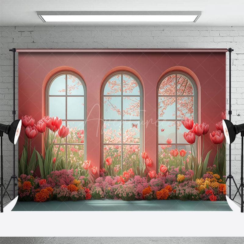 Aperturee - Aperturee Cartoon Oil Painting Tulip Pink Room Window Backdrop