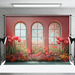 Aperturee - Aperturee Cartoon Oil Painting Tulip Pink Room Window Backdrop