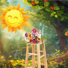 Aperturee - Aperturee Cartoon Smiling Sun Forest Backdrop Cute Sunbeams Green Woods Photography Background for Baby Shower Party