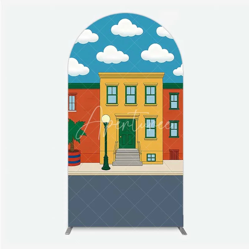 Aperturee - Aperturee Cartoon Street and House Arch Backdrop Neighborhood Building Photography Background