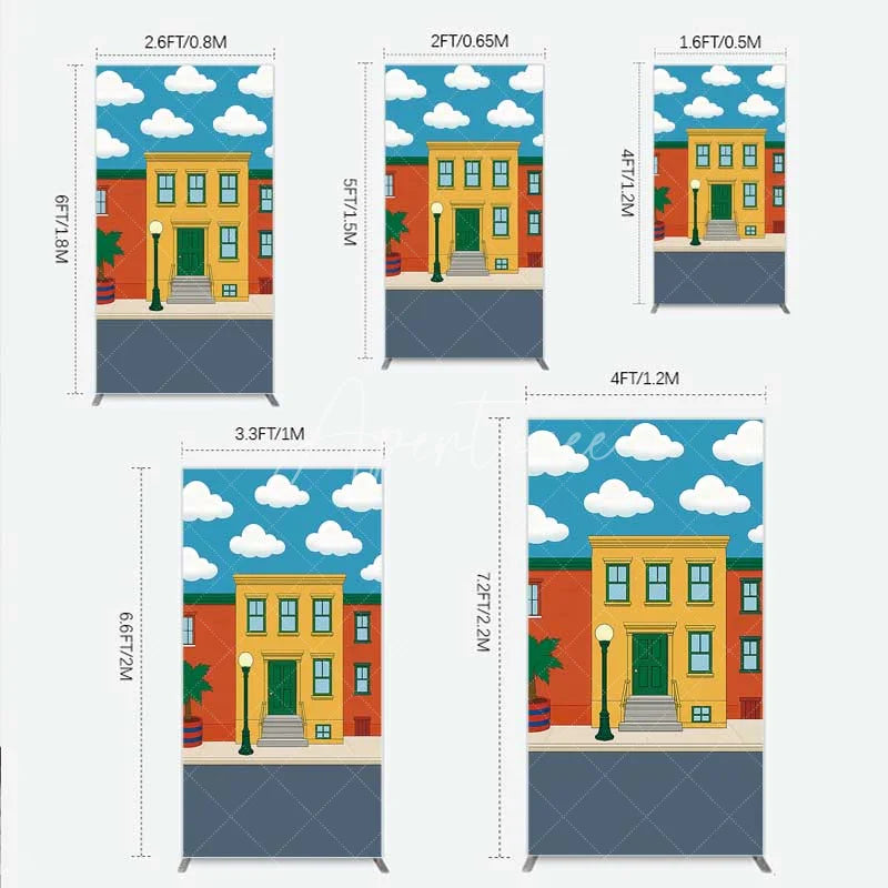 Aperturee - Aperturee Cartoon Street and House Rectangle Backdrop Neighborhood Building Photography Background