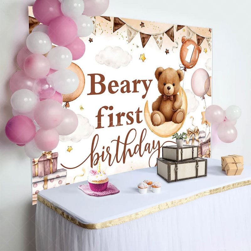 Aperturee - Aperturee Cartoon Sweet Teddy Beary First Birthday Backdrop