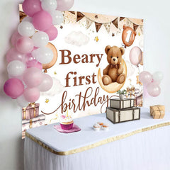 Aperturee - Aperturee Cartoon Sweet Teddy Beary First Birthday Backdrop