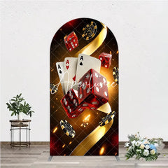 Aperturee - Aperturee Casino Las Vegas Theme Round Top Arch Backdrop Red Dice and Golden Poker Chips Birthday Party Decoration