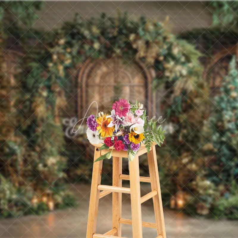 Aperturee - Aperturee Cathedral Window Christmas Backdrop Green Garland Gold Tree Photography Background