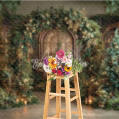 Aperturee - Aperturee Cathedral Window Christmas Backdrop Green Garland Gold Tree Photography Background