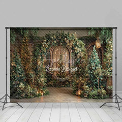 Aperturee - Aperturee Cathedral Window Christmas Backdrop Green Garland Gold Tree Photography Background
