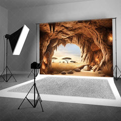 Aperturee Aperturee Cave Entrance Photography Backdrop Looking out on African Savanna Nature Scenery with Acacia Trees Photo Prop