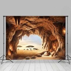 Aperturee Aperturee Cave Entrance Photography Backdrop Looking out on African Savanna Nature Scenery with Acacia Trees Photo Prop