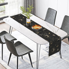 Aperturee - Aperturee Celestial Moon and Stars Table Runner Black and Gold Islamic Ramadan Decor Eid Mubarak Dining Table Decoration