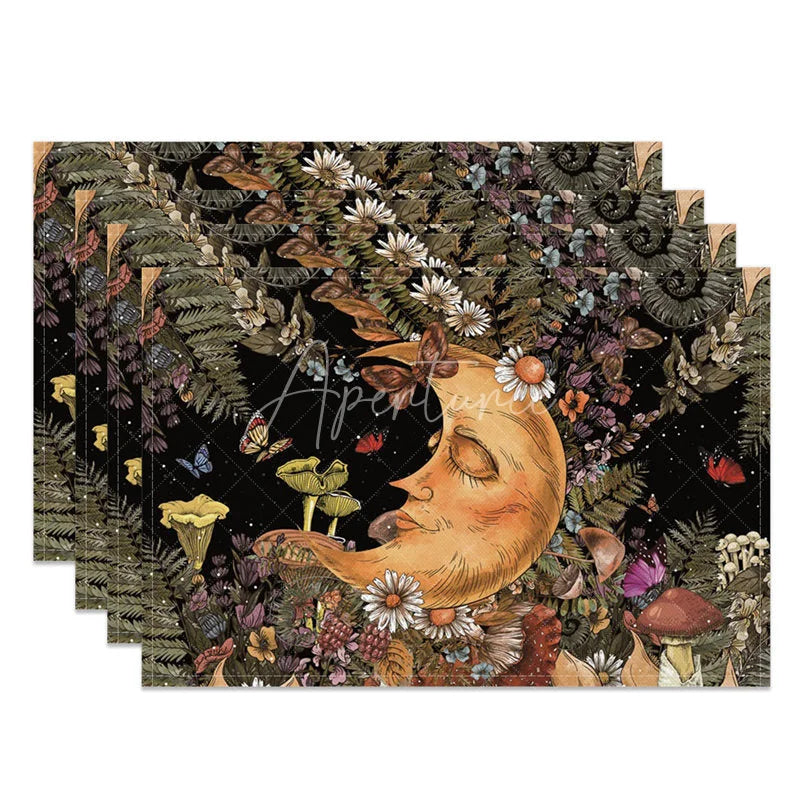 Aperturee - Aperturee Celestial Moon Sleeping Among Flowers Set of 4 Placemats for Whimsical and Dreamy Boho Kitchen Decor
