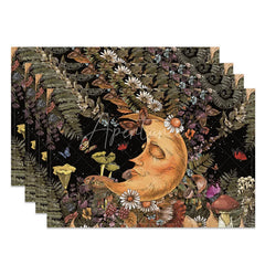 Aperturee - Aperturee Celestial Moon Sleeping Among Flowers Set of 4 Placemats for Whimsical and Dreamy Boho Kitchen Decor