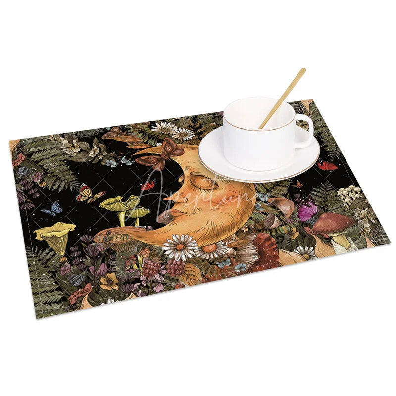 Aperturee - Aperturee Celestial Moon Sleeping Among Flowers Set of 4 Placemats for Whimsical and Dreamy Boho Kitchen Decor