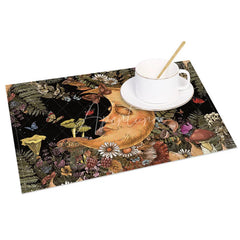 Aperturee - Aperturee Celestial Moon Sleeping Among Flowers Set of 4 Placemats for Whimsical and Dreamy Boho Kitchen Decor