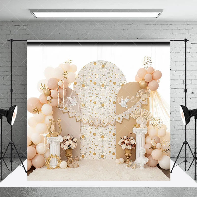 Aperturee - Aperturee Celestial Sun and Moon Arch Backdrop White Dove and Greek Column for Birthday Party