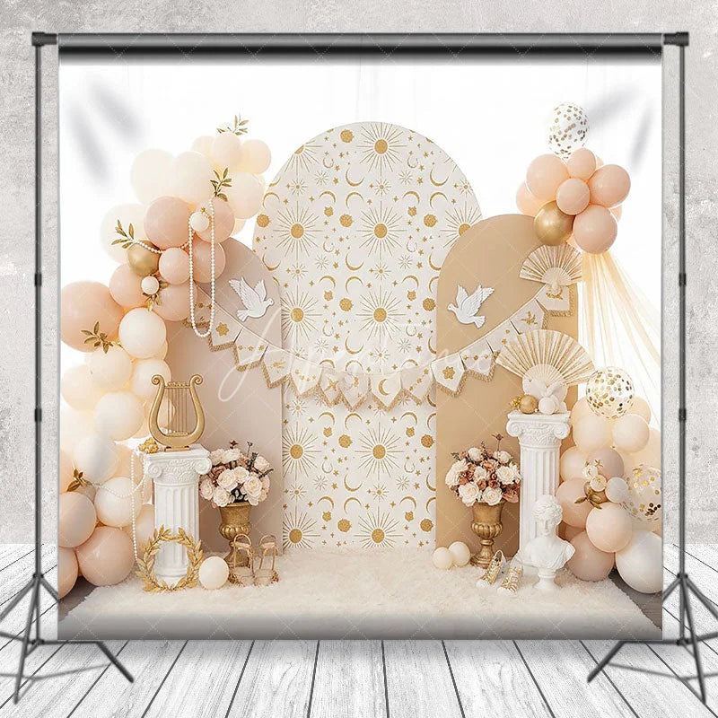 Aperturee - Aperturee Celestial Sun and Moon Arch Backdrop White Dove and Greek Column for Birthday Party
