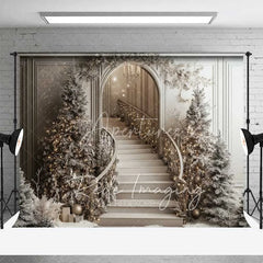Aperturee - Aperturee Champagne Christmas Staircase Backdrop Frosted Pine Trees Elegant Arch Chandelier Photo Background