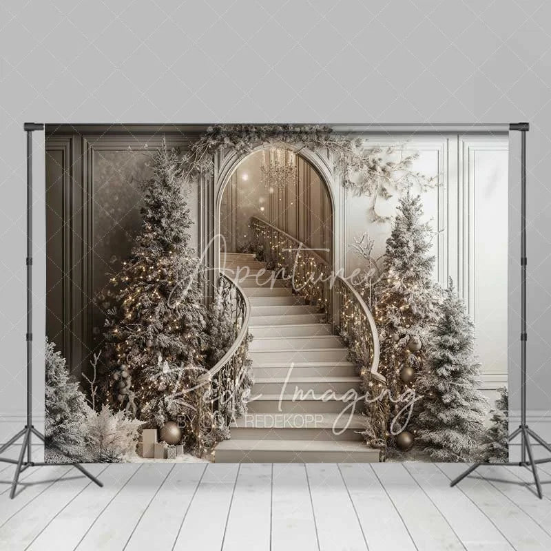 Aperturee - Aperturee Champagne Christmas Staircase Backdrop Frosted Pine Trees Elegant Arch Chandelier Photo Background