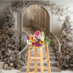 Aperturee - Aperturee Champagne Christmas Staircase Backdrop Frosted Pine Trees Elegant Arch Chandelier Photo Background