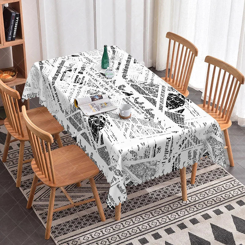 Aperturee - Aperturee Chaotic Black and White Newspaper Rectangle Tablecloth Abstract Text Pattern Modern Industrial Dining Decor