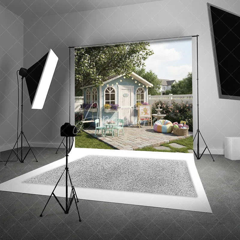 Aperturee - Aperturee Charming Blue Playhouse Garden Photography Backdrop Whimsical Outdoor Kids Play Area with Swing and Flowers