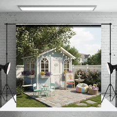 Aperturee - Aperturee Charming Blue Playhouse Garden Photography Backdrop Whimsical Outdoor Kids Play Area with Swing and Flowers